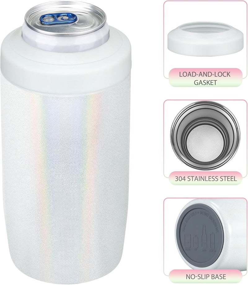 Max&So Slim Can Cooler, 4-in-1 Double Walled Stainless Steel Insulated Beer Can Holder, Works With All 12 Oz Cans,Bottles & As A Pint Cups - Glitter White - Image 4